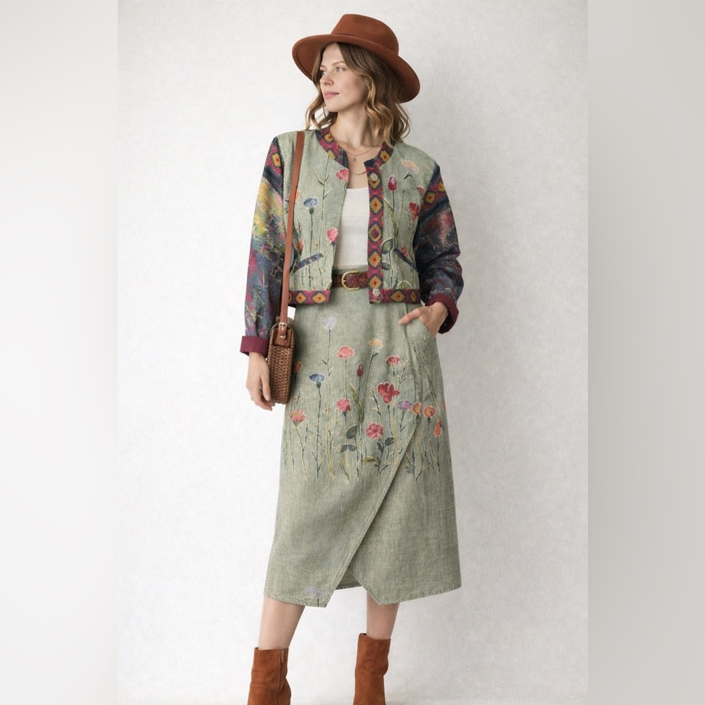 Vintage Villa Factory 2-Piece Floral Skirt Set Boho Cottagecore Wrap Skirt MED